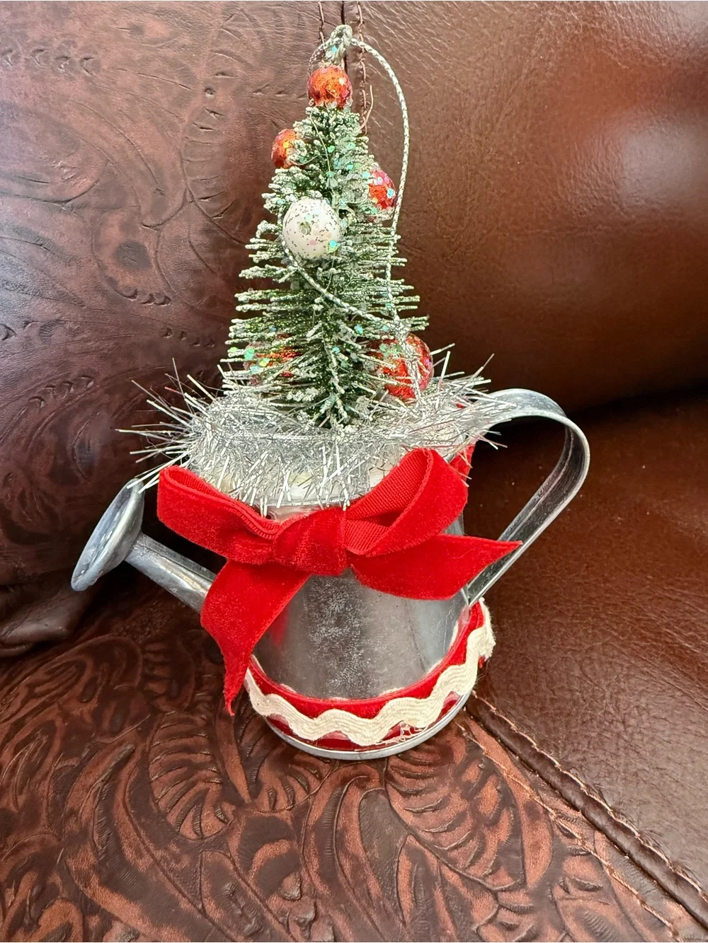 Cute watering can with Christmas tree Christmas ornament 6”